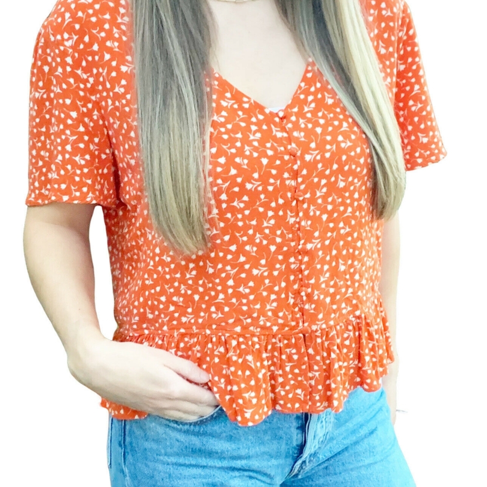 Harper Dark Orange Ditsy Floral Boho Flutter Sleeves Ruffled Hem Button Top XS